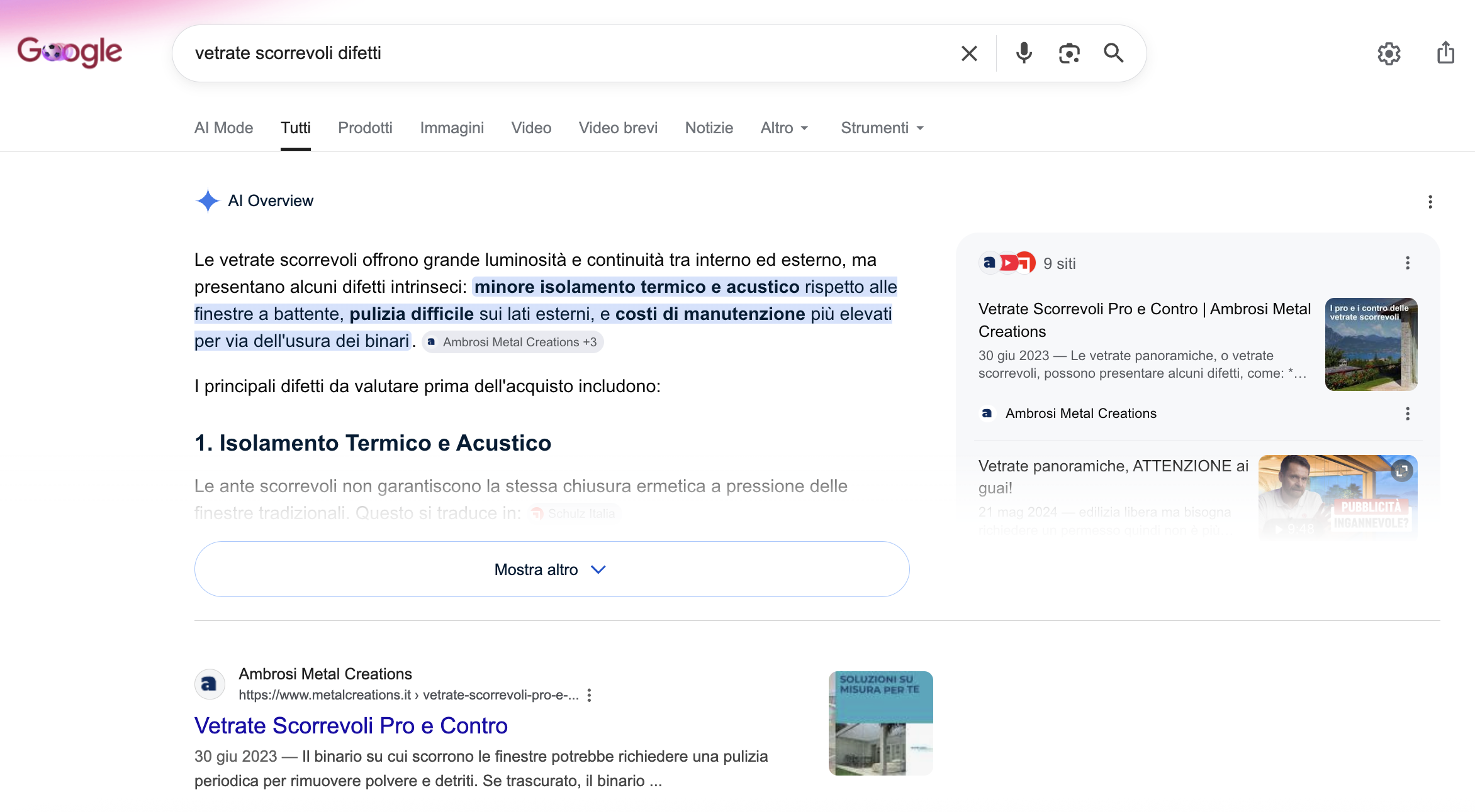 Ambrosi Metal Creations citato in Google AI Overview per la ricerca vetrate scorrevoli difetti