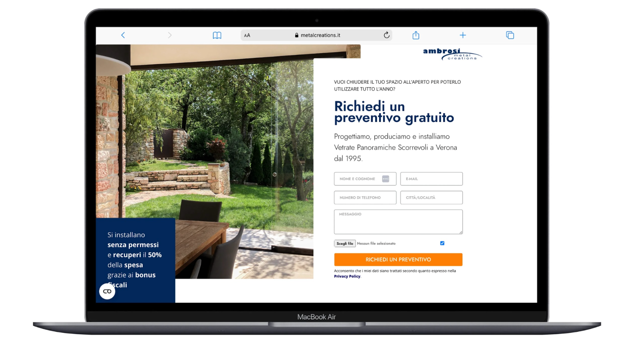 Landing page Ambrosi Metal Creations per la richiesta di preventivo
