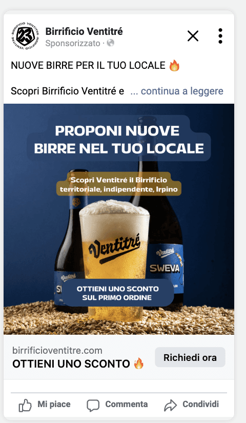 Campagna Birrificio Ventitré nel feed Facebook